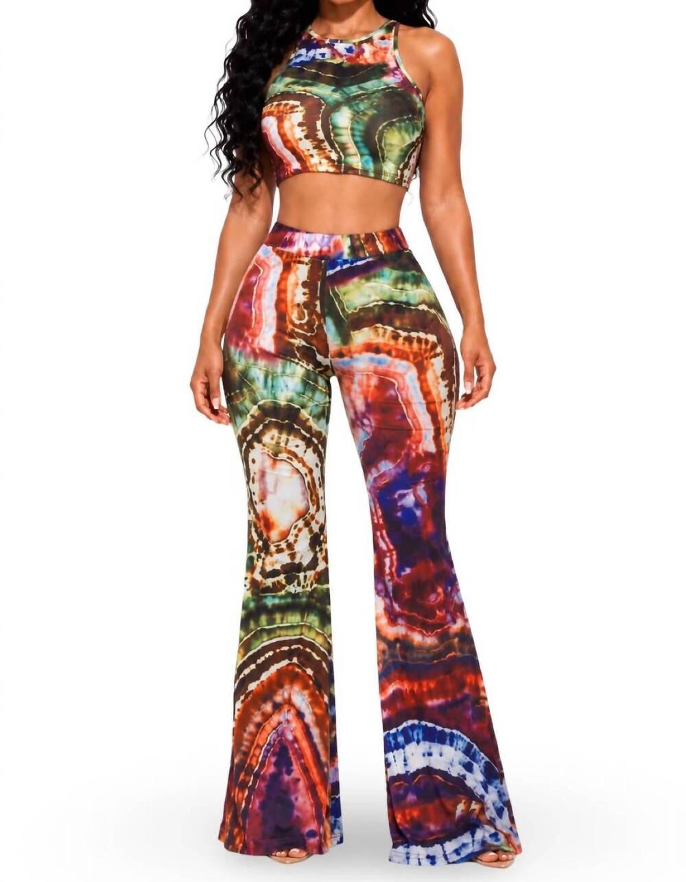 NEW HALF HEART italy stretch print wide leg pants set in green multi